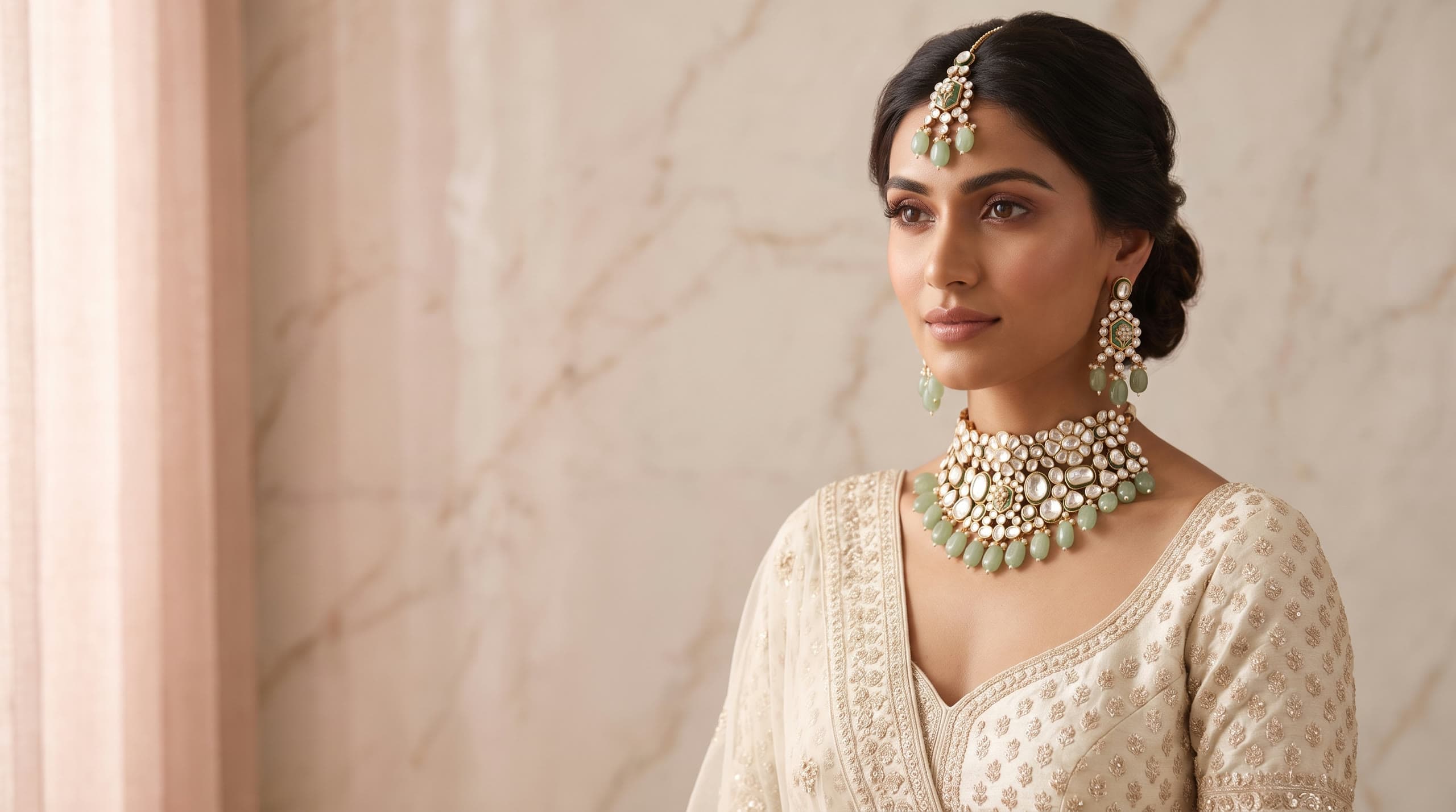 A bride in ivory wearing the Jade Dynasty jadau kundan polki choker set and maang tikka
