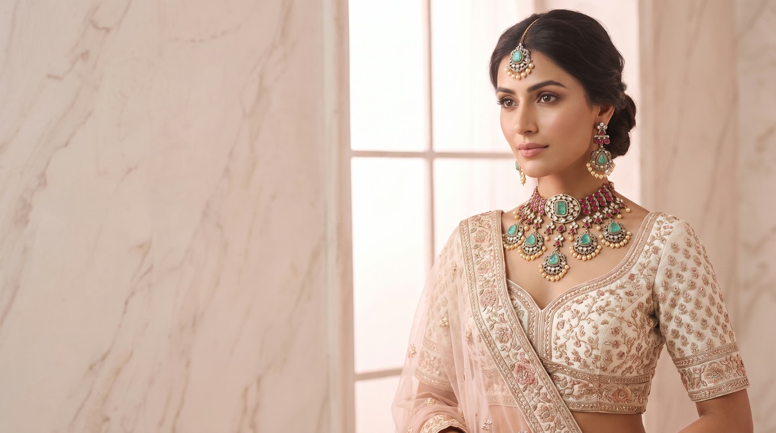 A bride in an ivory lehenga wearing the Nizam's Treasure kundan polki set
