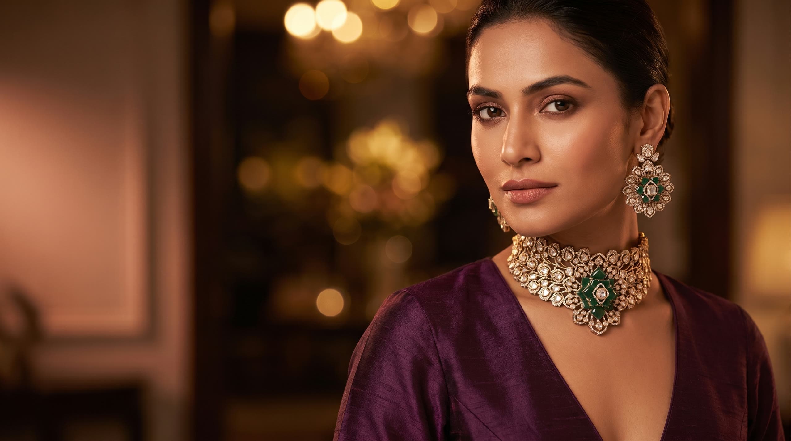 The Emerald Empress polki choker over aubergine silk, in evening light
