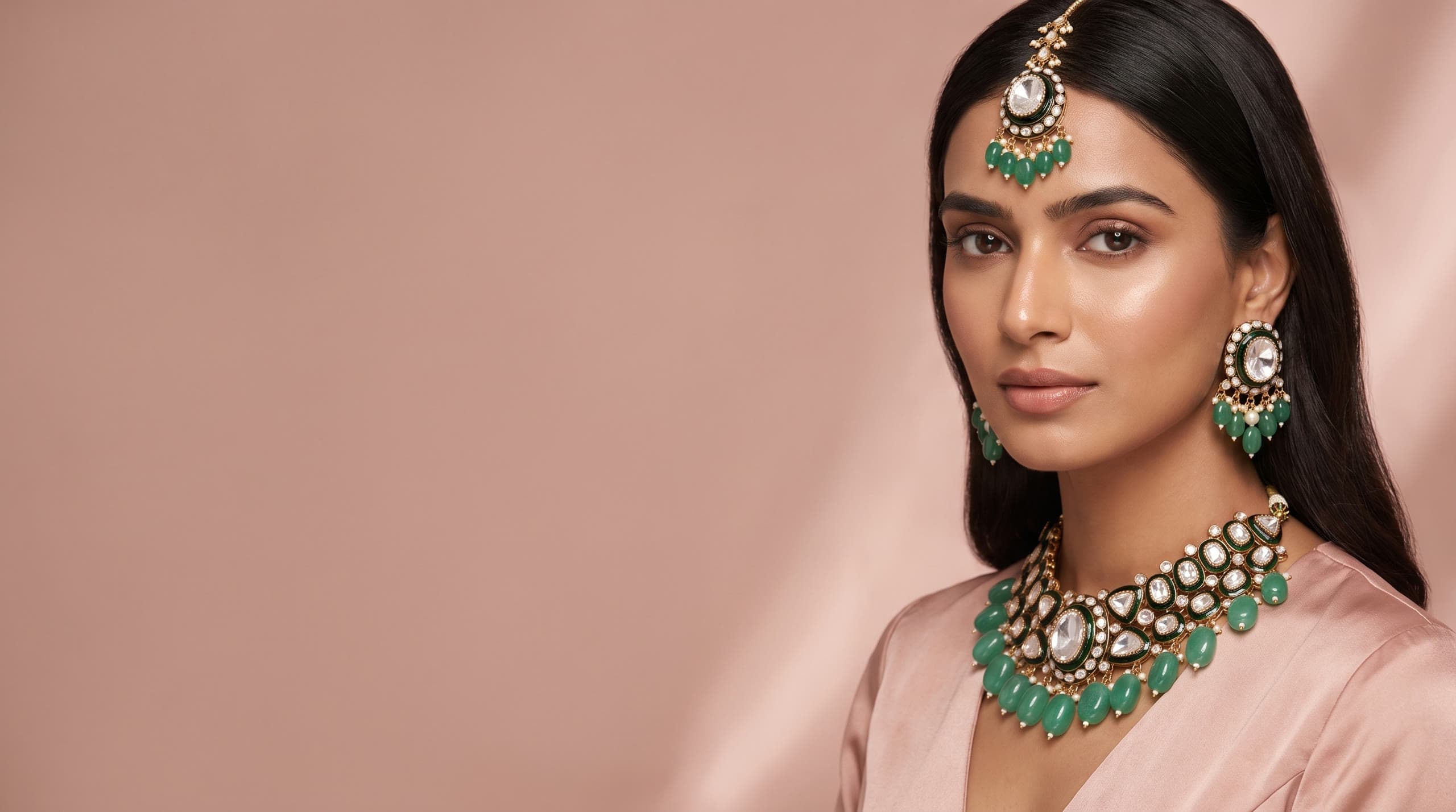 The Glimmering Grove polki necklace set and maang tikka