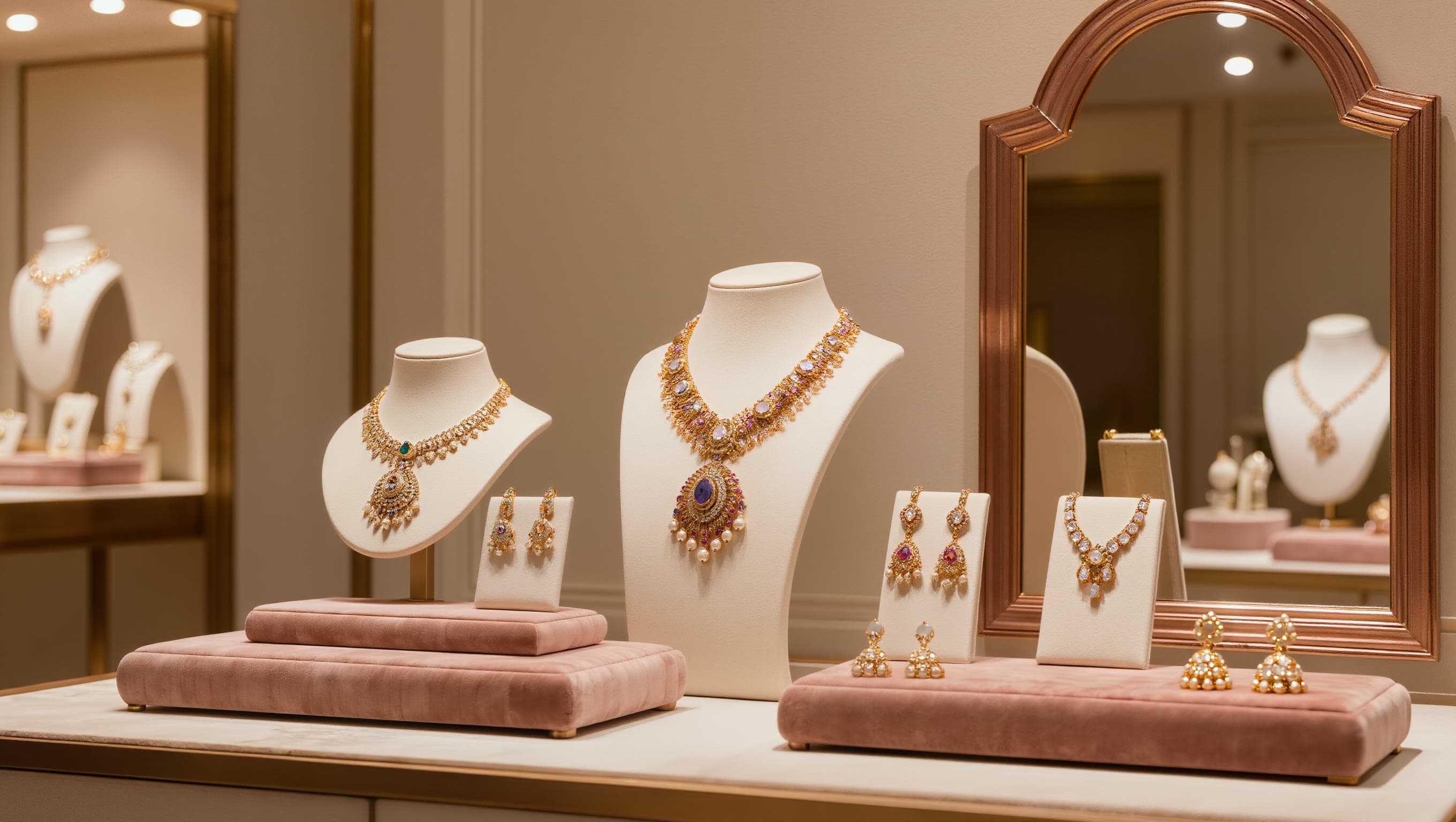 Kundan necklaces and jhumkas on blush velvet inside the boutique