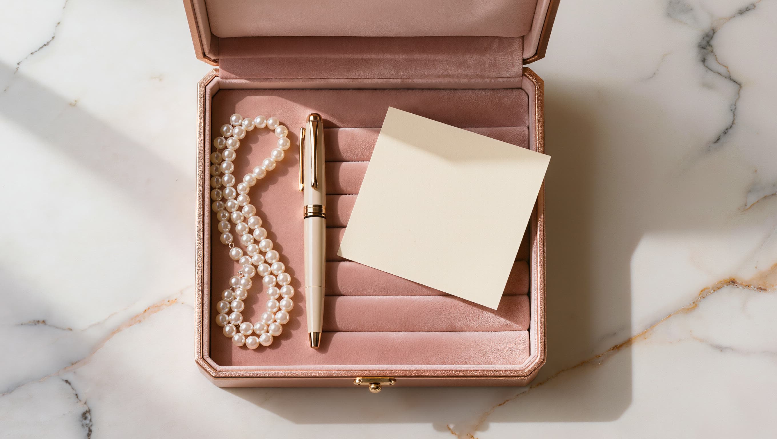 An open rose-gold jewelry box with a pearl necklace, a pen and a blank note card on marble