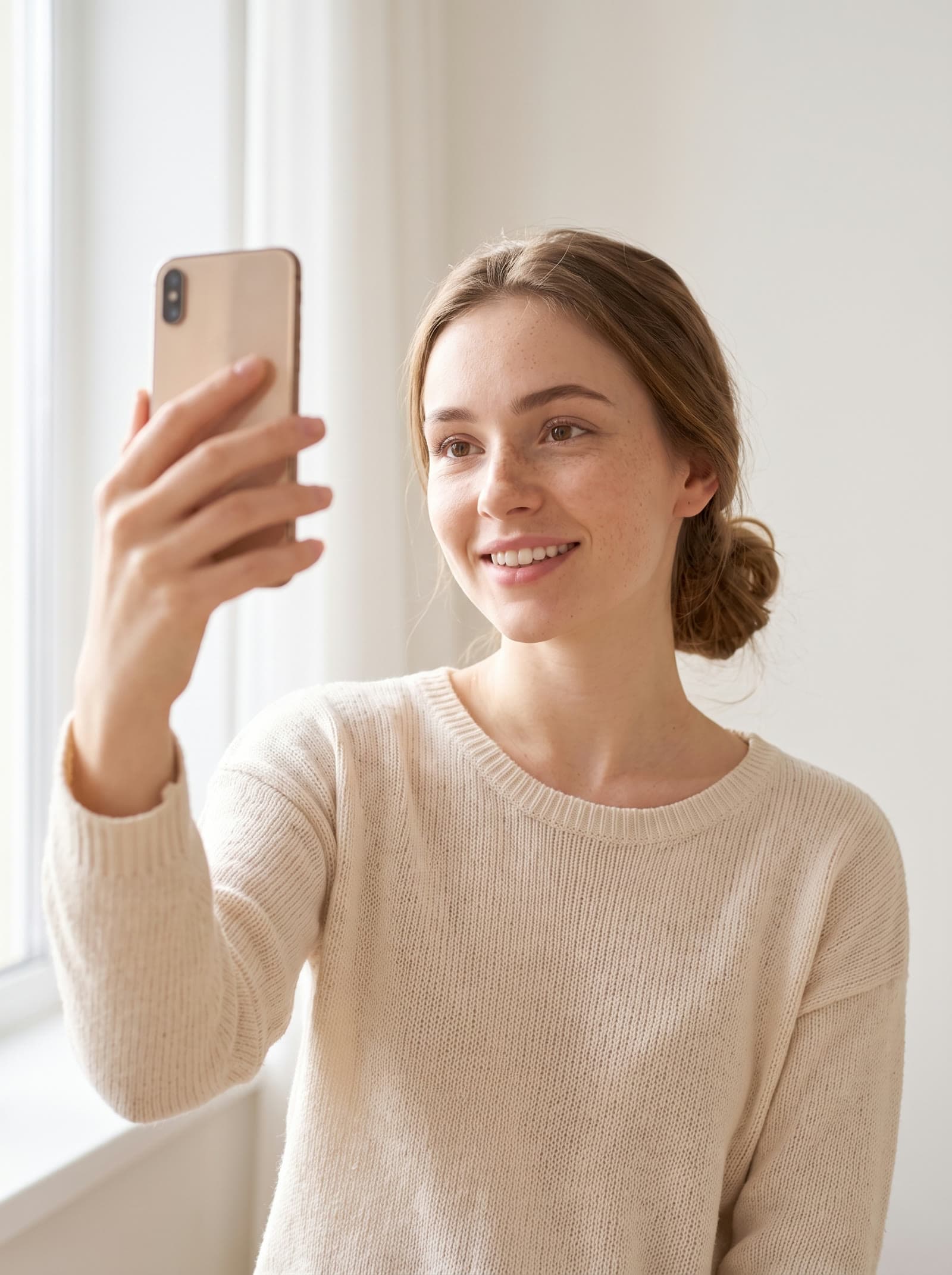 A woman taking a well-lit selfie against an ivory wall