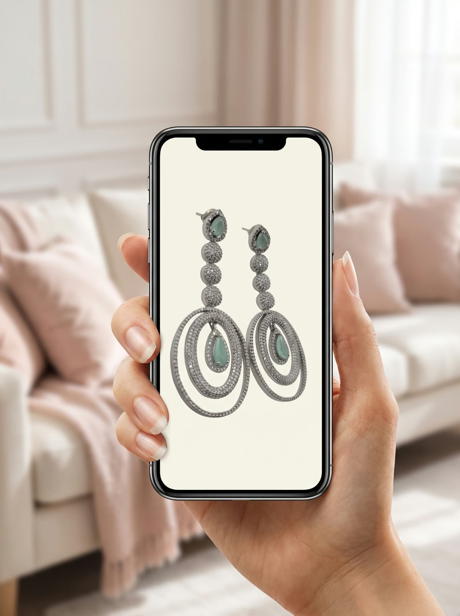 A hand holding a phone showing a NOZARIA product page