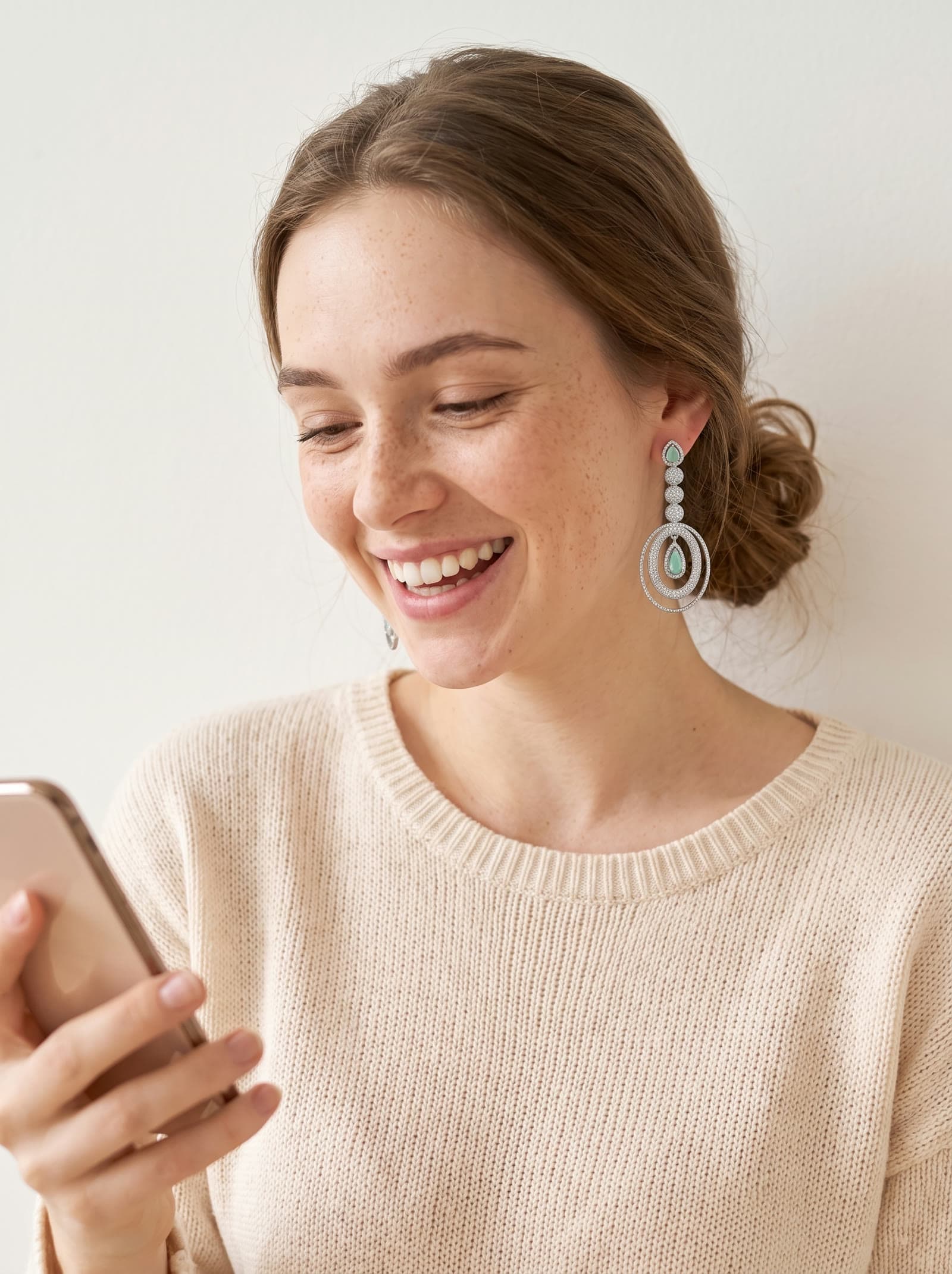 The same woman delighted, now wearing the Veridian Ring earrings