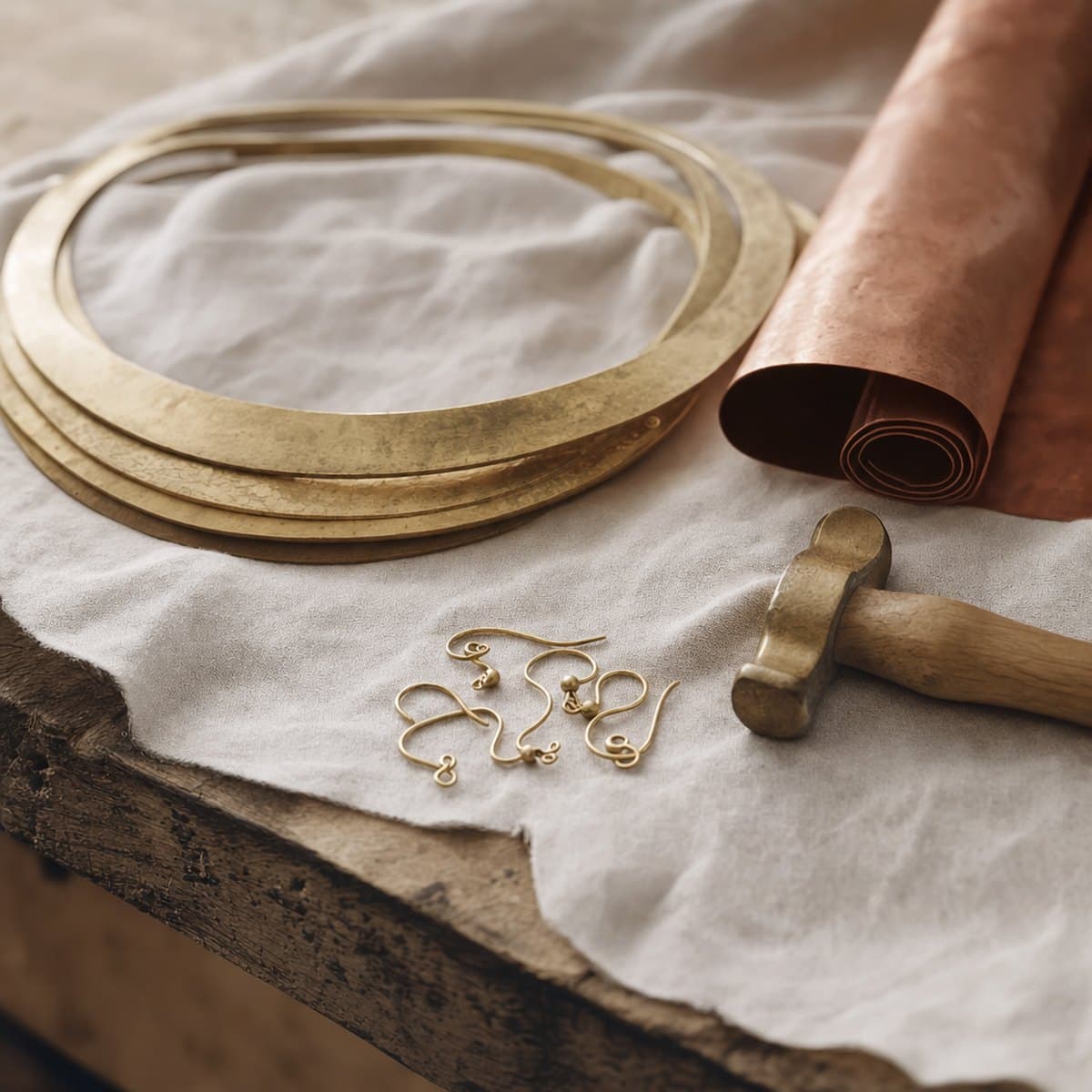 Raw brass choker blanks and a rolled copper sheet on ivory linen at a jeweller's bench