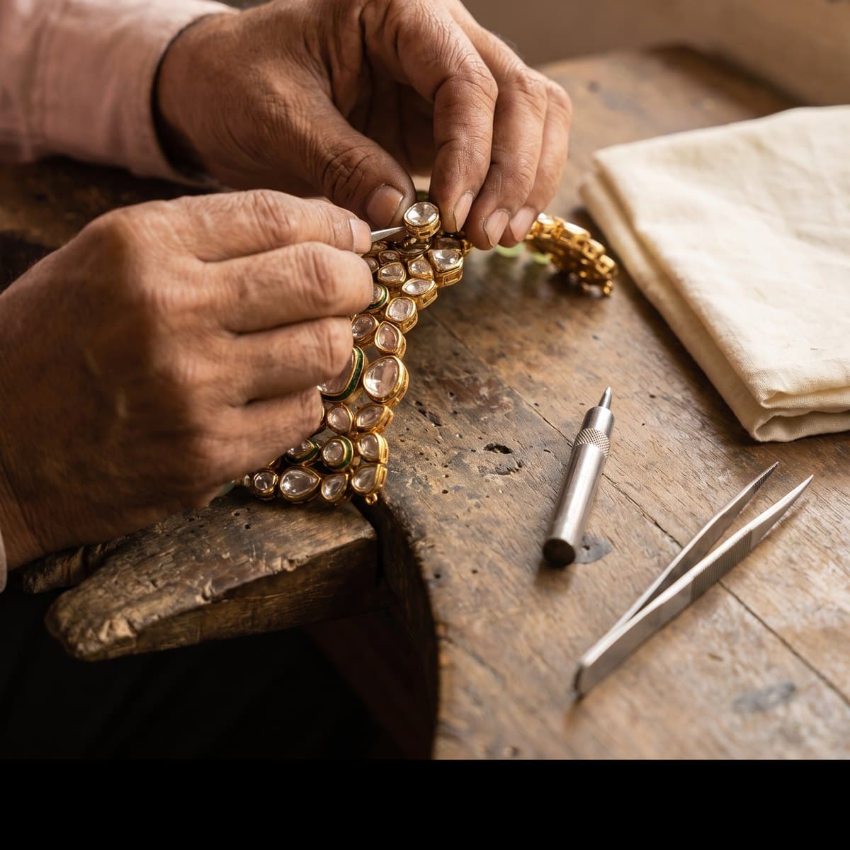 An artisan's hands setting a polki stone into a gold-plated brass choker