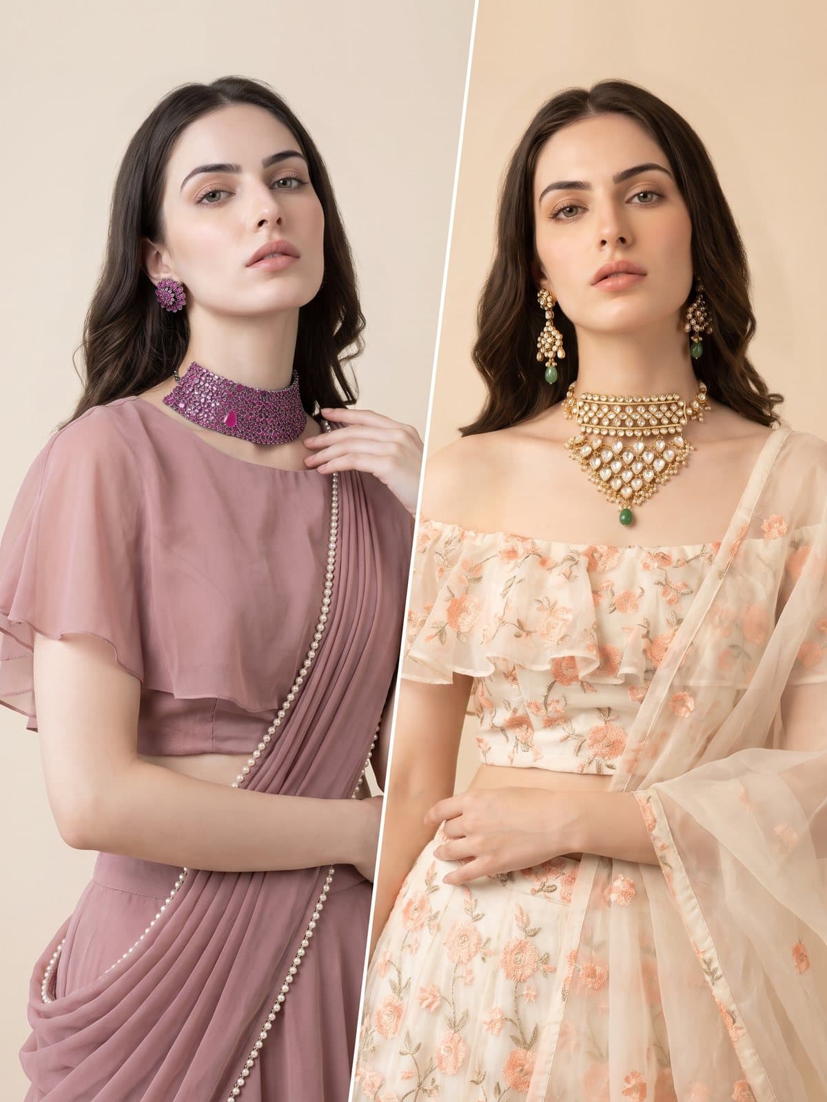 One woman, two looks: the Crimson Eclipse ruby CZ choker with a dusty-rose cape blouse on one side, the Grove Radiance kundan polki set with an ivory floral lehenga on the other