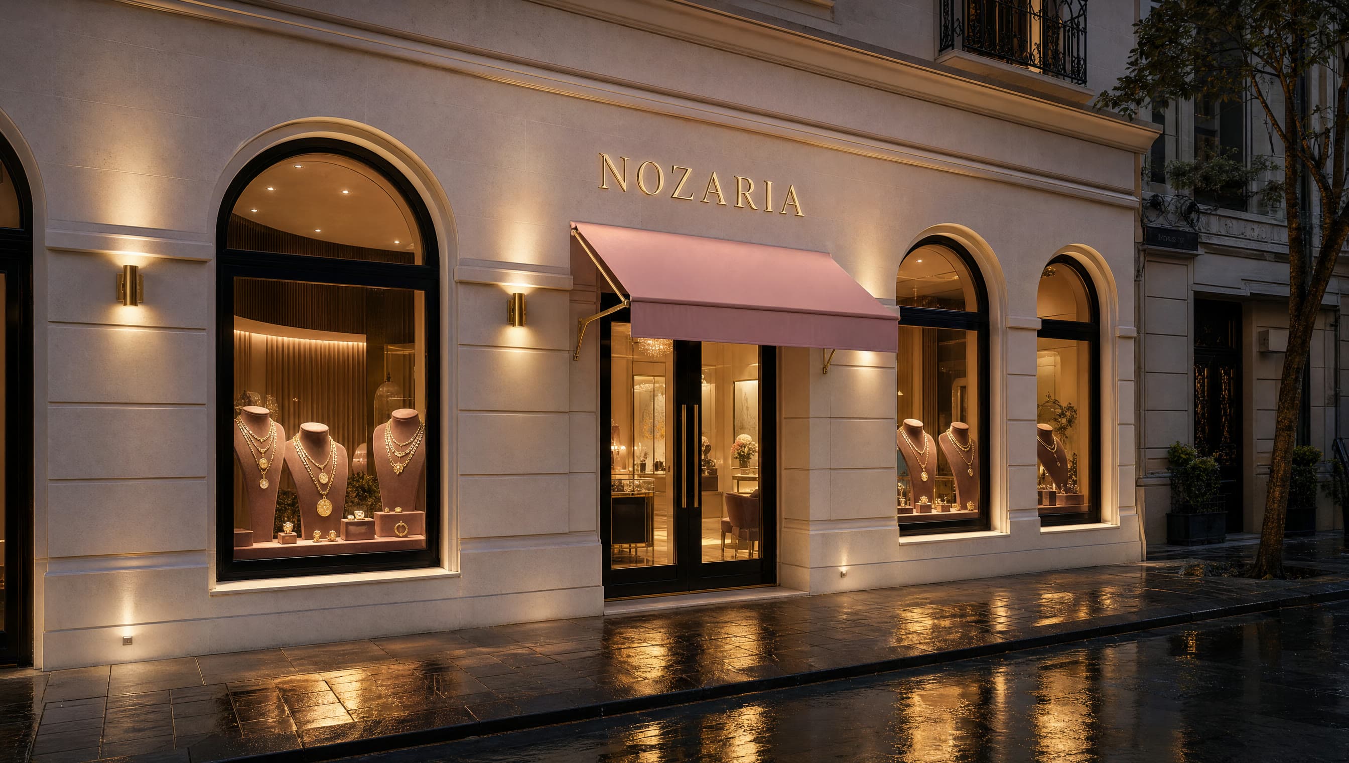 The NOZARIA boutique at dusk
