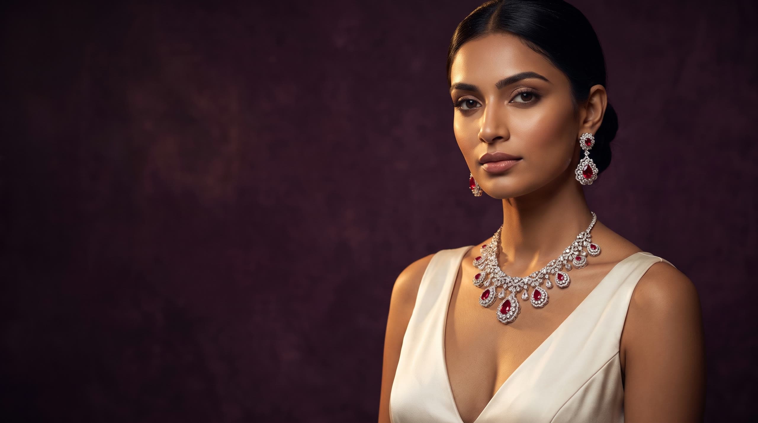 The Scarlet Sovereign ruby and CZ necklace on an ivory satin gown