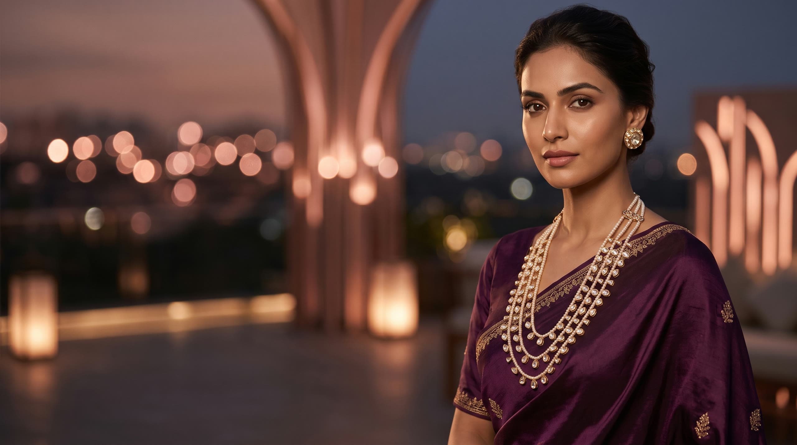 The Pearl Cascade long polki necklace at dusk