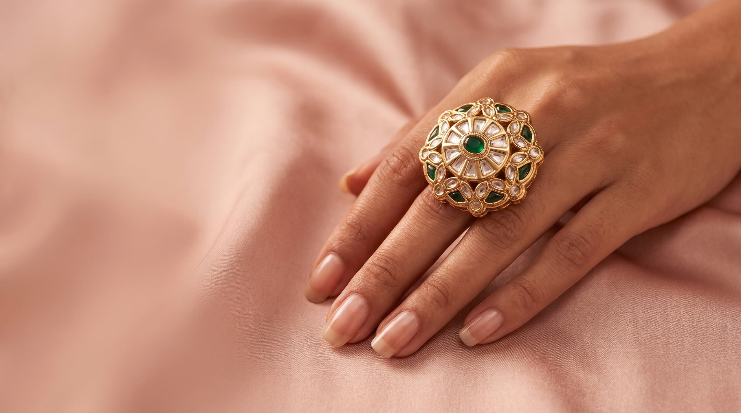 A hand on blush silk wearing the Regal Insight polki ring