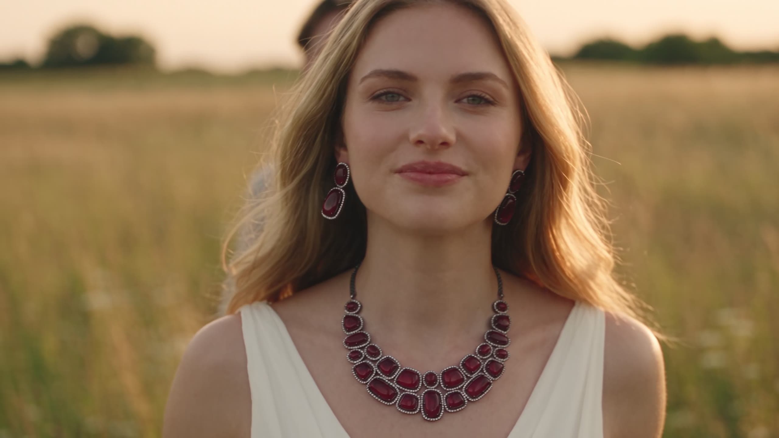 A couple running through a golden field, she in the Scarlet Embrace burgundy CZ set