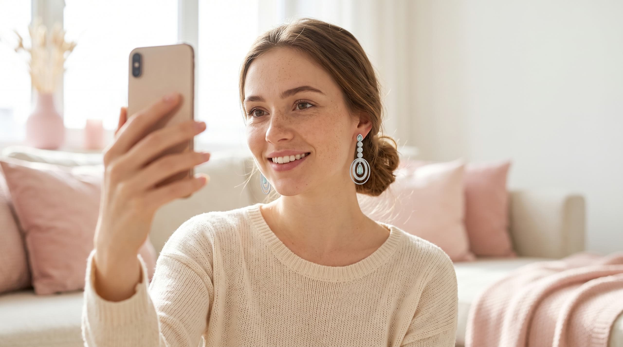 A young woman takes a selfie and sees herself wearing the Veridian Ring earrings on her phone