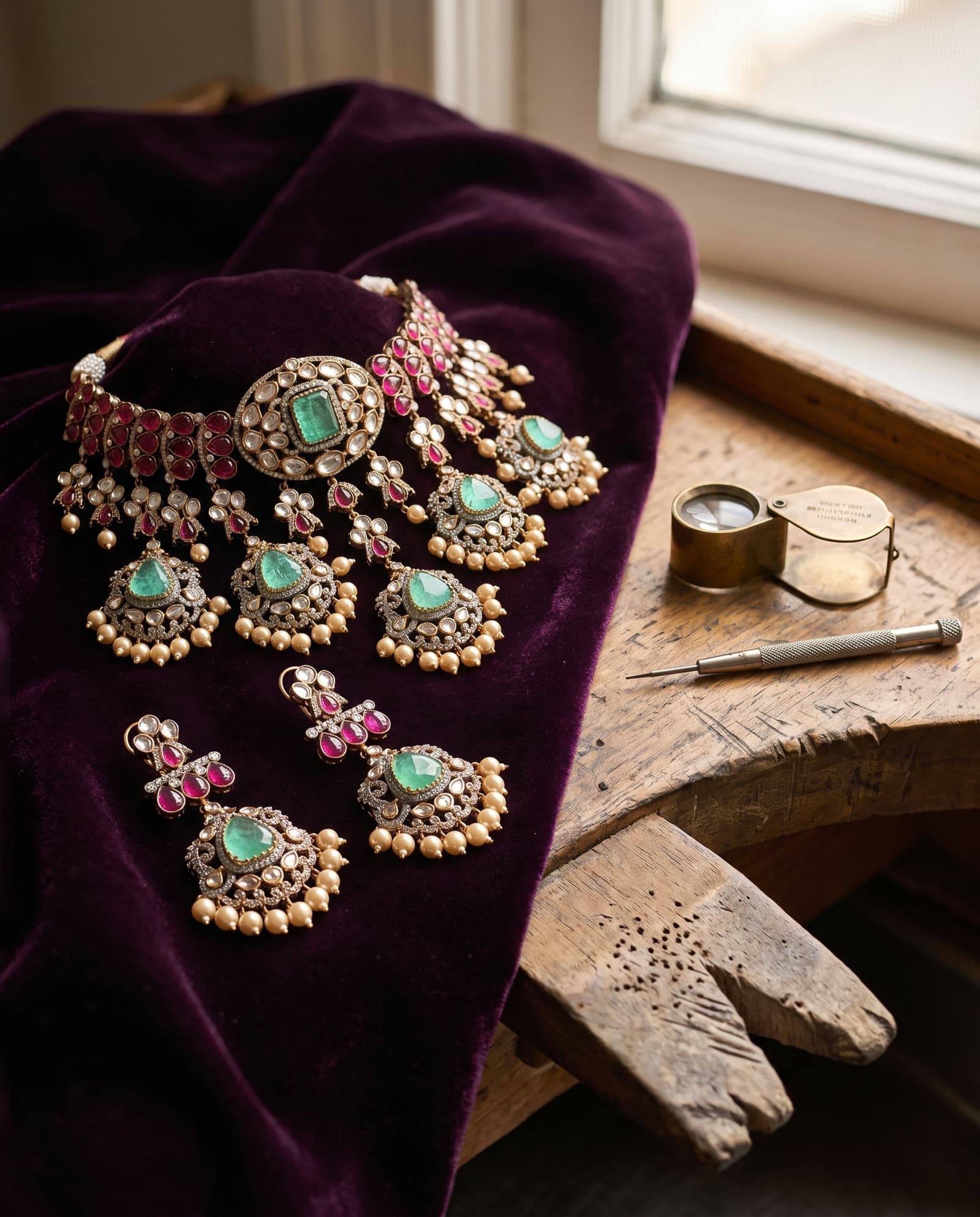 The Nizam's Treasure kundan polki set on aubergine velvet at a jeweller's bench