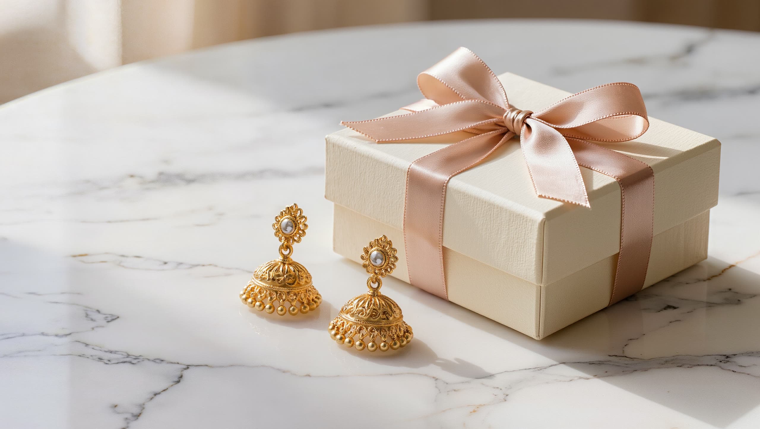 An ivory gift box tied with blush ribbon beside a pair of gold jhumkas